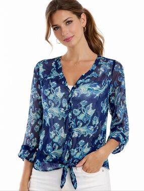 LUCKY BRAND Women’s Blue Sheer Floral Button Front Tie Waist Blouse Size L